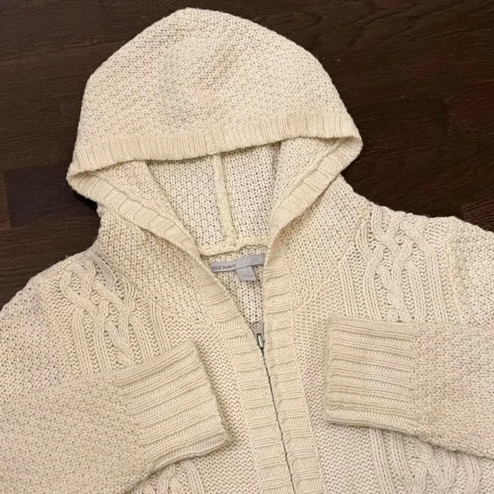 Y2K‎ Vintage Old Navy Lambswool Hooded Cable Knit 3D Zip Up Sweater | Cream | XL